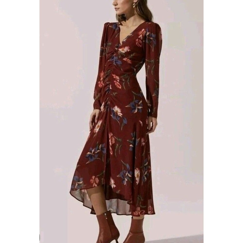 ASTR The Label Dress L The High-Low Red Floral Ruched Midi Maxi Asymmetric Hem